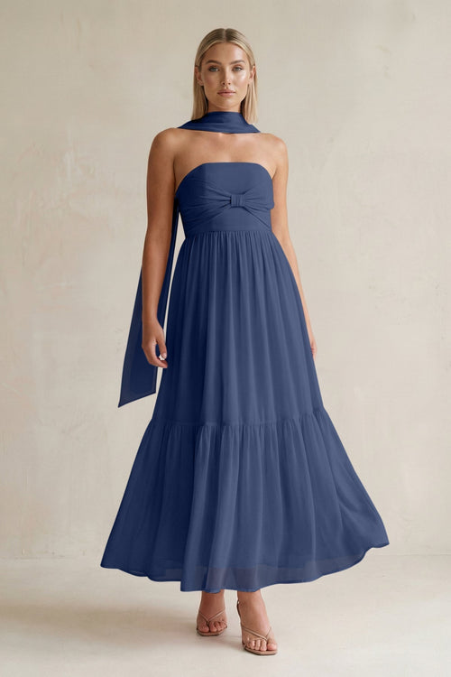 Strapless A - Line Chiffon Ruffled Bridesmaid Dress With Ribbon in Navy - KissProm Bridesmaid Dresses