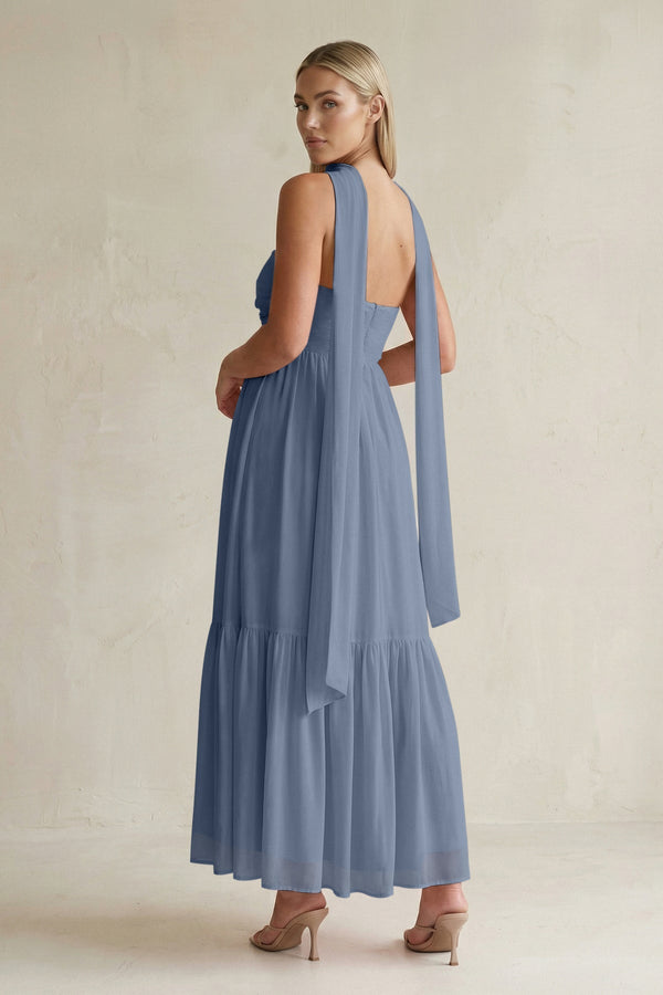 Strapless A - Line Chiffon Ruffled Bridesmaid Dress With Ribbon in Neptune - KissProm Bridesmaid Dresses