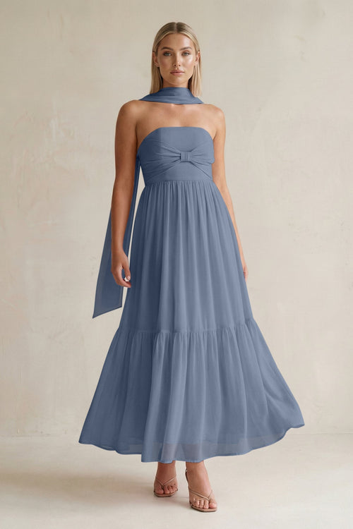 Strapless A - Line Chiffon Ruffled Bridesmaid Dress With Ribbon in Neptune - KissProm Bridesmaid Dresses