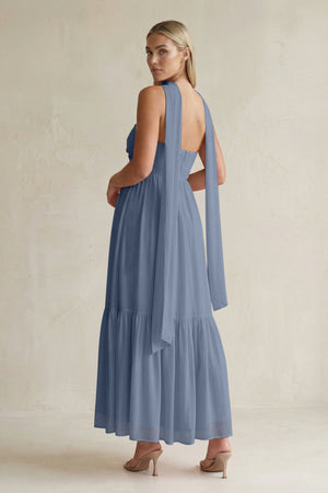 Strapless A - Line Chiffon Ruffled Bridesmaid Dress With Ribbon in Neptune - KissProm Bridesmaid Dresses