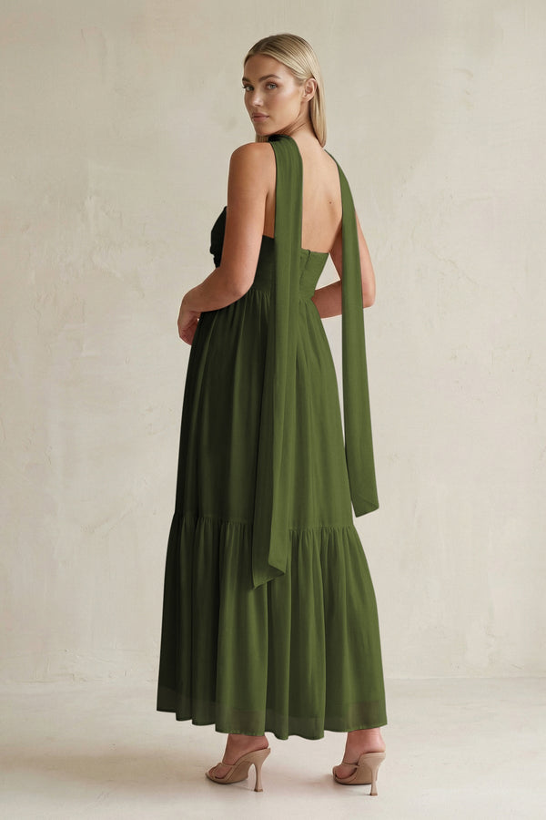 Strapless A - Line Chiffon Ruffled Bridesmaid Dress With Ribbon in Olive - KissProm Bridesmaid Dresses