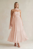 Strapless A - Line Chiffon Ruffled Bridesmaid Dress With Ribbon in Pale Blush - KissProm Bridesmaid Dresses