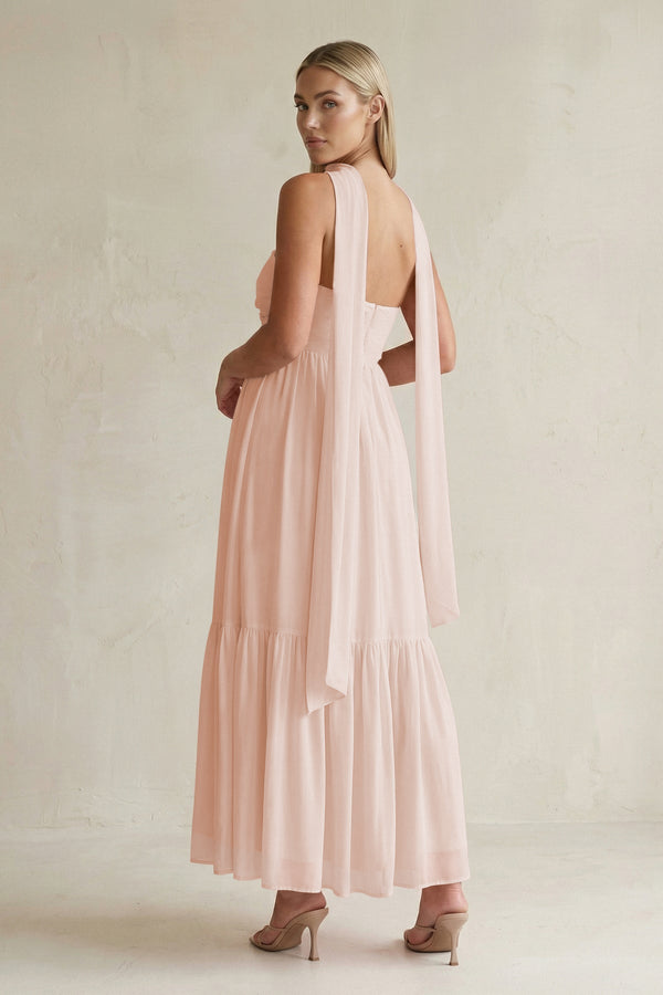 Strapless A - Line Chiffon Ruffled Bridesmaid Dress With Ribbon in Pale Blush - KissProm Bridesmaid Dresses