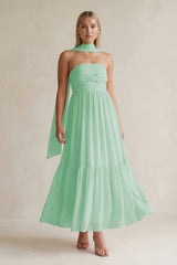 Strapless A - Line Chiffon Ruffled Bridesmaid Dress With Ribbon in Pale Pistachio - KissProm Bridesmaid Dresses