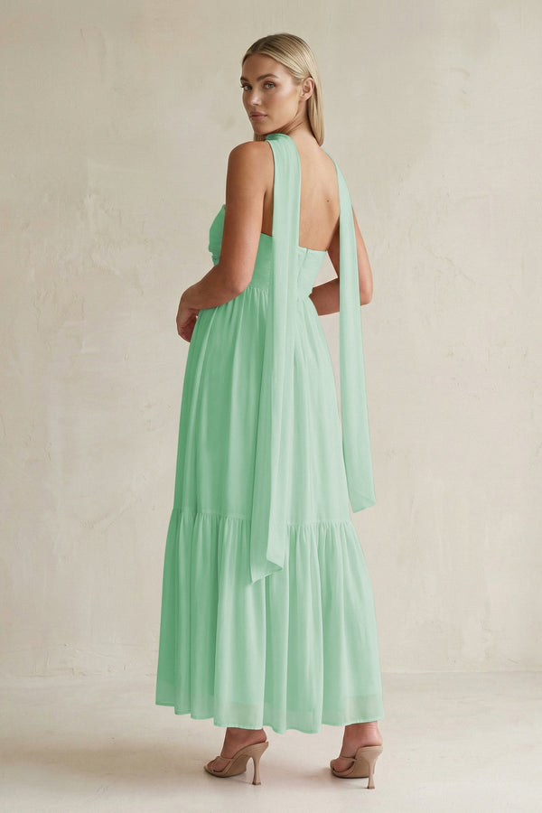 Strapless A - Line Chiffon Ruffled Bridesmaid Dress With Ribbon in Pale Pistachio - KissProm Bridesmaid Dresses
