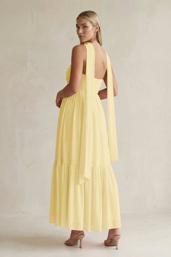 Strapless A - Line Chiffon Ruffled Bridesmaid Dress With Ribbon in Pastel Yellow - KissProm Bridesmaid Dresses