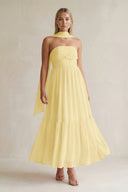 Strapless A - Line Chiffon Ruffled Bridesmaid Dress With Ribbon in Pastel Yellow - KissProm Bridesmaid Dresses