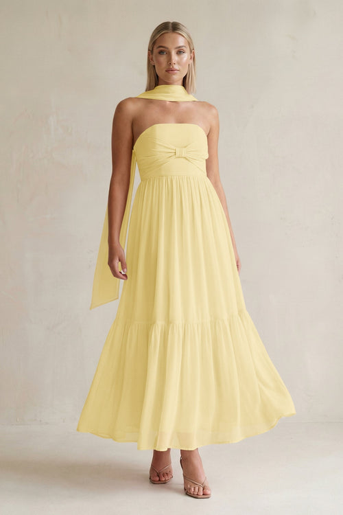 Strapless A - Line Chiffon Ruffled Bridesmaid Dress With Ribbon in Pastel Yellow - KissProm Bridesmaid Dresses