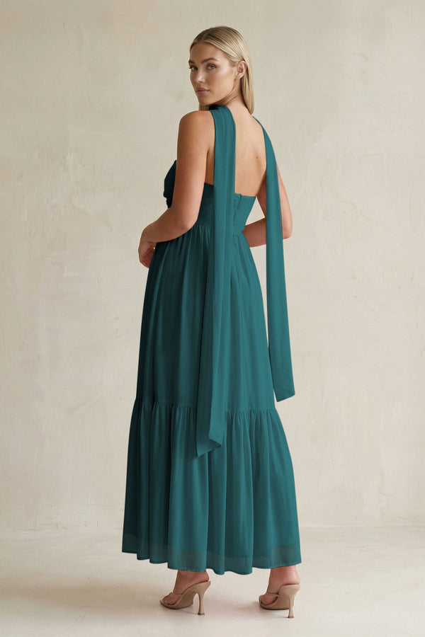 Strapless A - Line Chiffon Ruffled Bridesmaid Dress With Ribbon in Pine - KissProm Bridesmaid Dresses