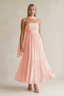 Strapless A - Line Chiffon Ruffled Bridesmaid Dress With Ribbon in Rose Petal - KissProm Bridesmaid Dresses
