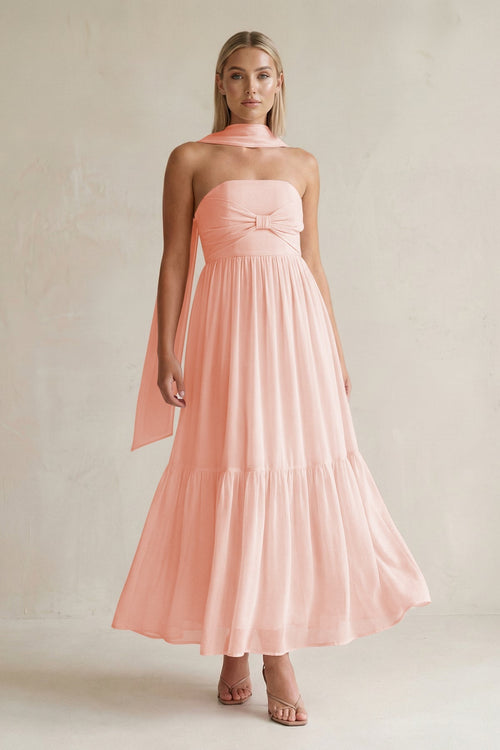 Strapless A - Line Chiffon Ruffled Bridesmaid Dress With Ribbon in Rose Petal - KissProm Bridesmaid Dresses