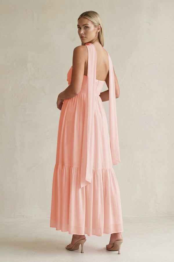 Strapless A - Line Chiffon Ruffled Bridesmaid Dress With Ribbon in Rose Petal - KissProm Bridesmaid Dresses