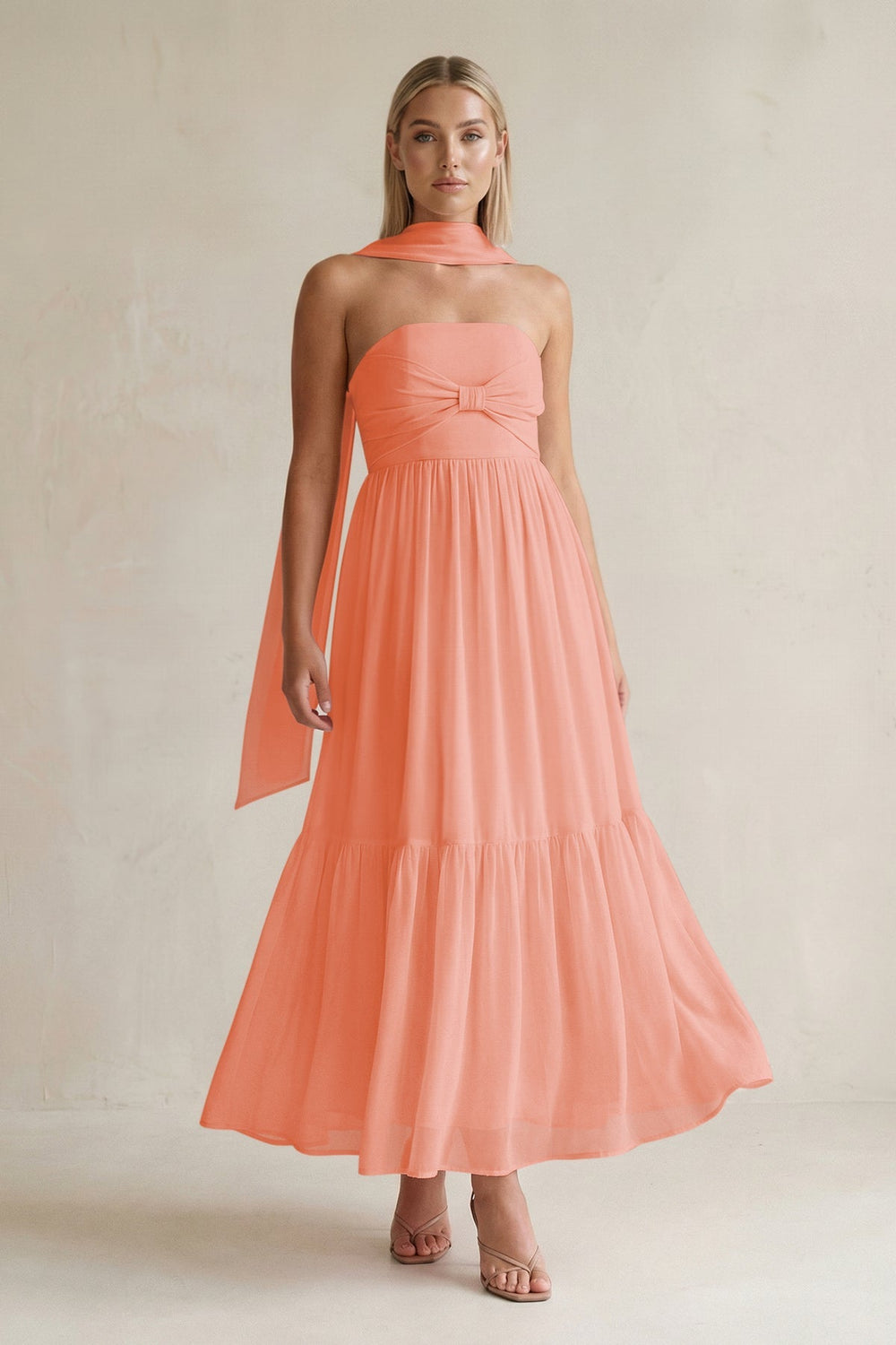 Strapless A - Line Chiffon Ruffled Bridesmaid Dress With Ribbon in Rosette - KissProm Bridesmaid Dresses