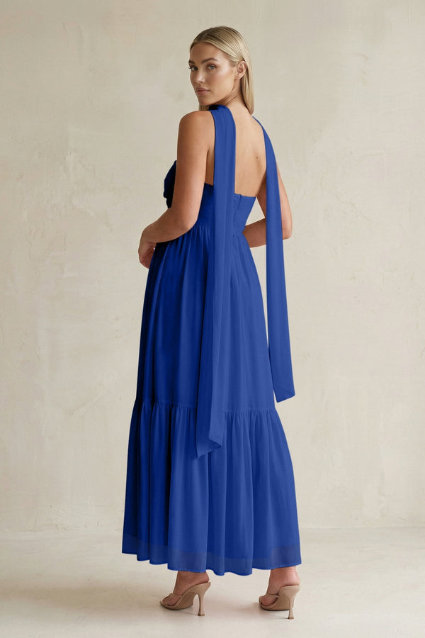 Strapless A - Line Chiffon Ruffled Bridesmaid Dress With Ribbon in Royal Blue - KissProm Bridesmaid Dresses