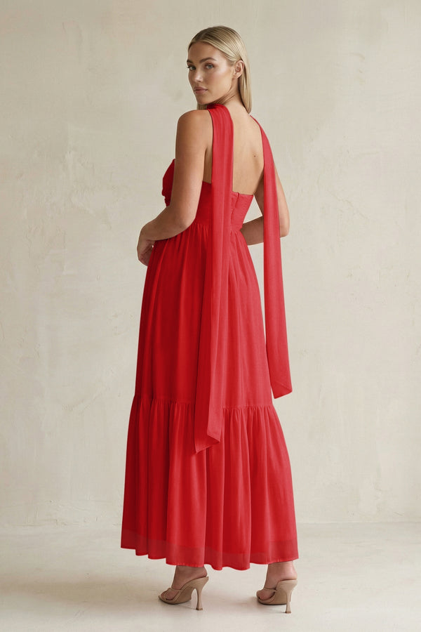 Strapless A - Line Chiffon Ruffled Bridesmaid Dress With Ribbon in Ruby Red - KissProm Bridesmaid Dresses