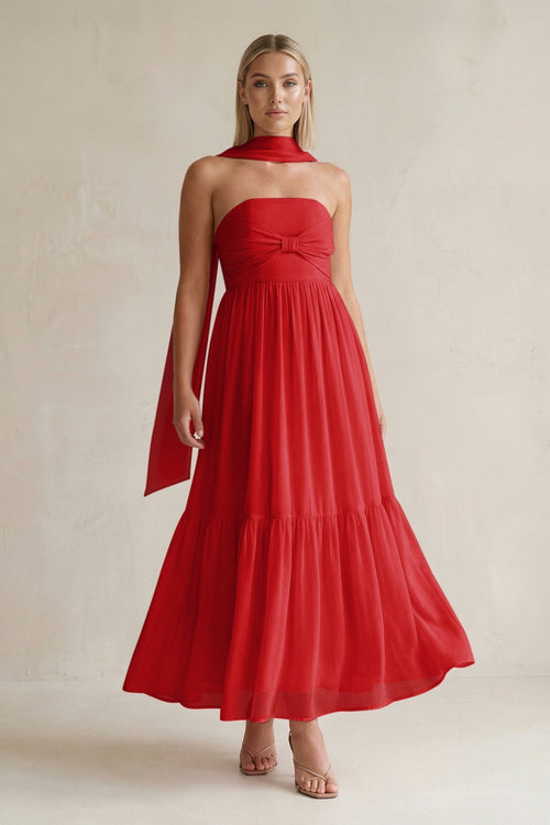 Strapless A - Line Chiffon Ruffled Bridesmaid Dress With Ribbon in Ruby Red - KissProm Bridesmaid Dresses