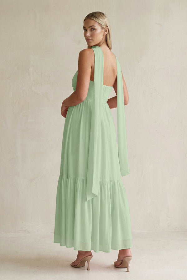 Strapless A - Line Chiffon Ruffled Bridesmaid Dress With Ribbon in Sage - KissProm Bridesmaid Dresses