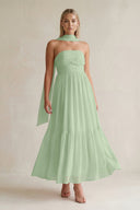 Strapless A - Line Chiffon Ruffled Bridesmaid Dress With Ribbon in Sage - KissProm Bridesmaid Dresses
