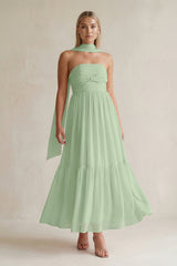 Strapless A - Line Chiffon Ruffled Bridesmaid Dress With Ribbon in Sage - KissProm Bridesmaid Dresses