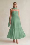 Strapless A - Line Chiffon Ruffled Bridesmaid Dress With Ribbon in Sea Glass - KissProm Bridesmaid Dresses