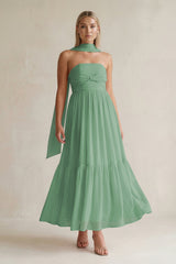Strapless A - Line Chiffon Ruffled Bridesmaid Dress With Ribbon in Sea Glass - KissProm Bridesmaid Dresses