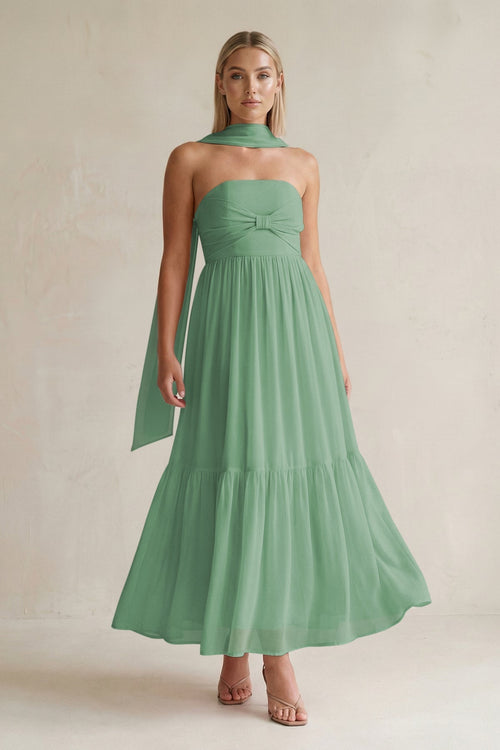 Strapless A - Line Chiffon Ruffled Bridesmaid Dress With Ribbon in Sea Glass - KissProm Bridesmaid Dresses
