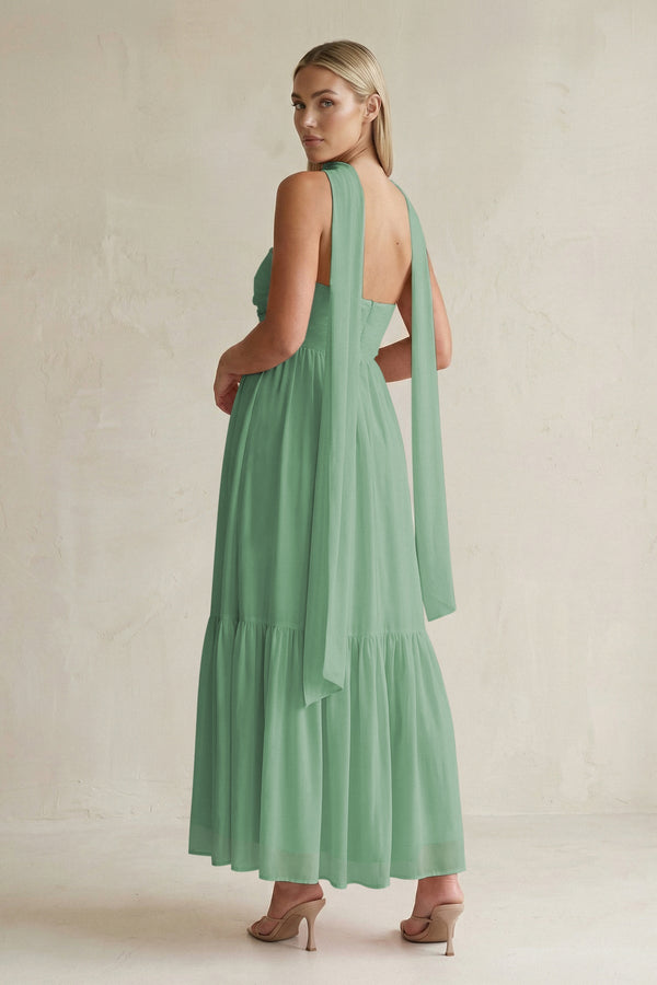 Strapless A - Line Chiffon Ruffled Bridesmaid Dress With Ribbon in Sea Glass - KissProm Bridesmaid Dresses