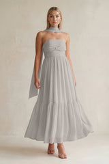 Strapless A - Line Chiffon Ruffled Bridesmaid Dress With Ribbon in Silver - KissProm Bridesmaid Dresses