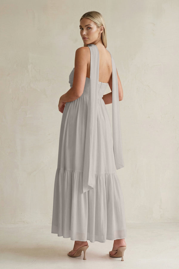 Strapless A - Line Chiffon Ruffled Bridesmaid Dress With Ribbon in Silver - KissProm Bridesmaid Dresses
