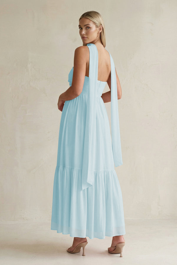 Strapless A - Line Chiffon Ruffled Bridesmaid Dress With Ribbon in Sky Blue - KissProm Bridesmaid Dresses
