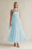 Strapless A - Line Chiffon Ruffled Bridesmaid Dress With Ribbon in Sky Blue - KissProm Bridesmaid Dresses