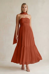 Strapless A - Line Chiffon Ruffled Bridesmaid Dress With Ribbon in Spice - KissProm Bridesmaid Dresses