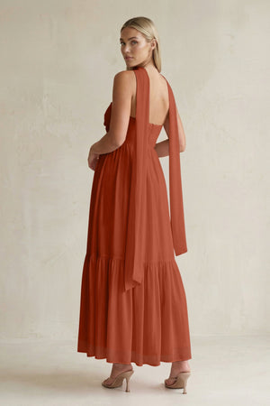 Strapless A - Line Chiffon Ruffled Bridesmaid Dress With Ribbon in Spice - KissProm Bridesmaid Dresses