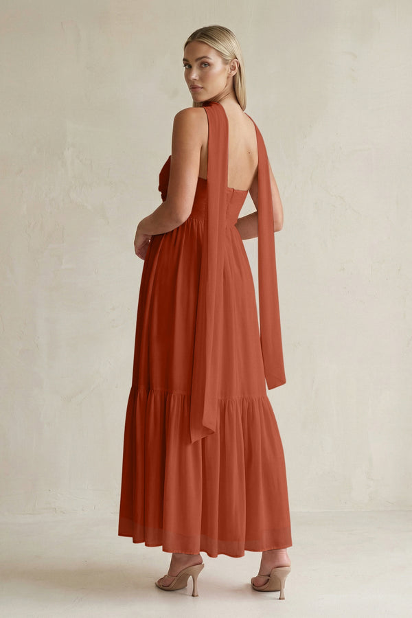 Strapless A - Line Chiffon Ruffled Bridesmaid Dress With Ribbon in Spice - KissProm Bridesmaid Dresses