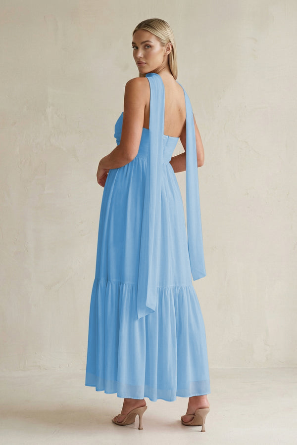 Strapless A - Line Chiffon Ruffled Bridesmaid Dress With Ribbon in Steel Blue - KissProm Bridesmaid Dresses