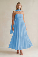 Strapless A - Line Chiffon Ruffled Bridesmaid Dress With Ribbon in Steel Blue - KissProm Bridesmaid Dresses