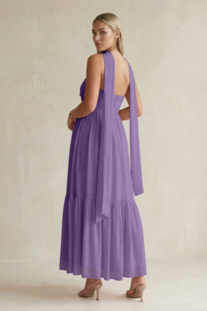 Strapless A - Line Chiffon Ruffled Bridesmaid Dress With Ribbon in Tahiti - KissProm Bridesmaid Dresses