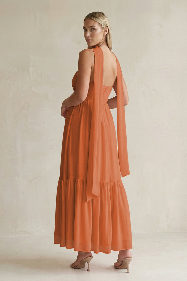 Strapless A - Line Chiffon Ruffled Bridesmaid Dress With Ribbon in Terracotta - KissProm Bridesmaid Dresses