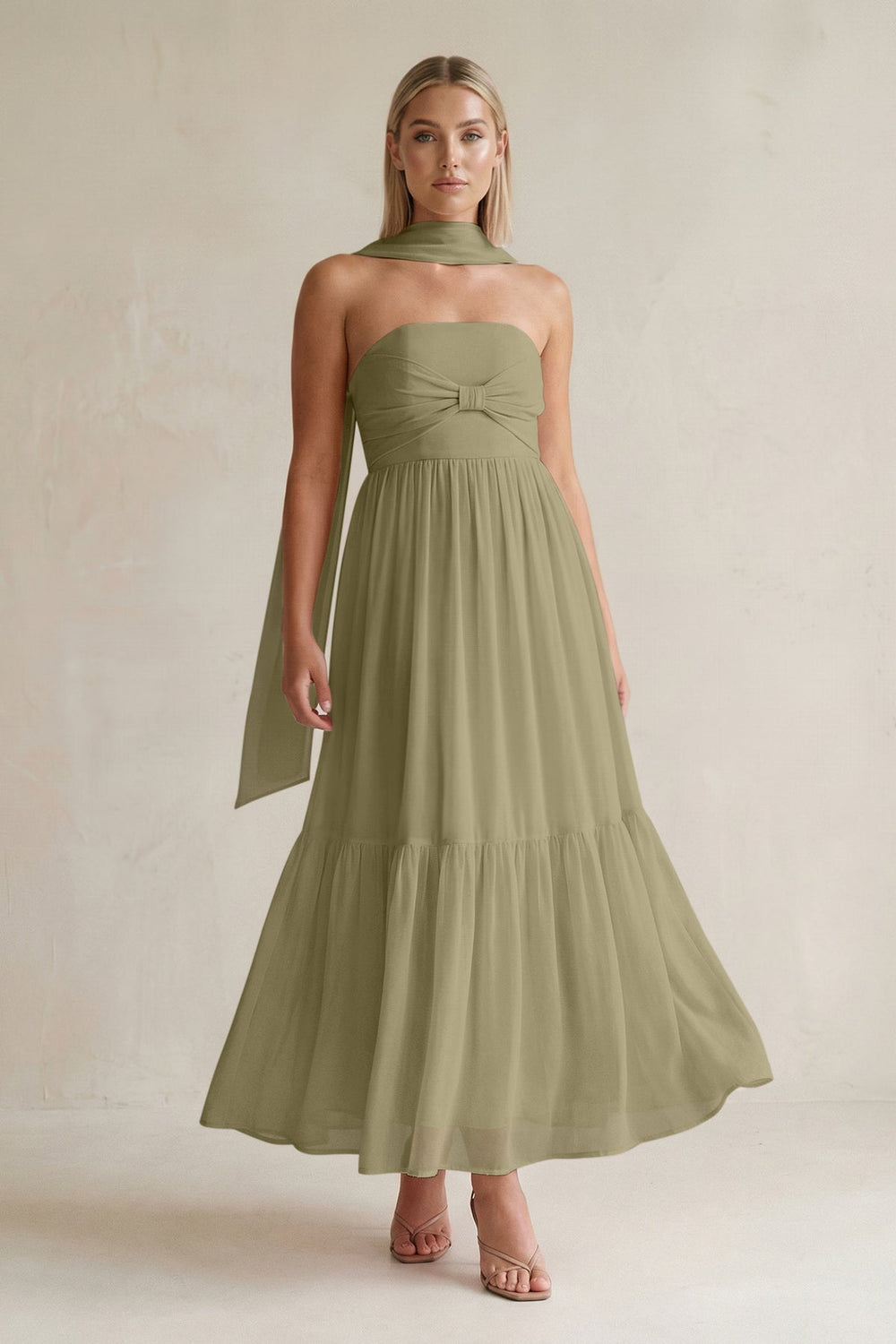 Strapless A - Line Chiffon Ruffled Bridesmaid Dress With Ribbon in Thyme - KissProm Bridesmaid Dresses