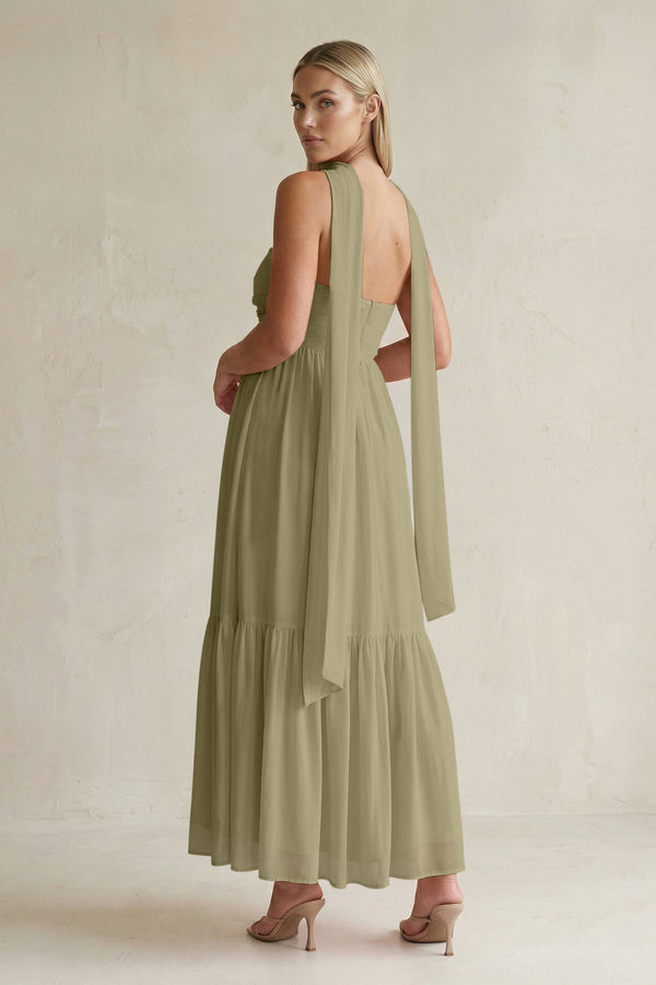 Strapless A - Line Chiffon Ruffled Bridesmaid Dress With Ribbon in Thyme - KissProm Bridesmaid Dresses