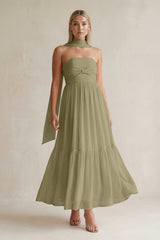 Strapless A - Line Chiffon Ruffled Bridesmaid Dress With Ribbon in Thyme - KissProm Bridesmaid Dresses