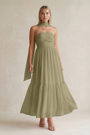 Strapless A - Line Chiffon Ruffled Bridesmaid Dress With Ribbon in Thyme - KissProm Bridesmaid Dresses