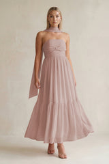 Strapless A - Line Chiffon Ruffled Bridesmaid Dress With Ribbon in Toffee - KissProm Bridesmaid Dresses
