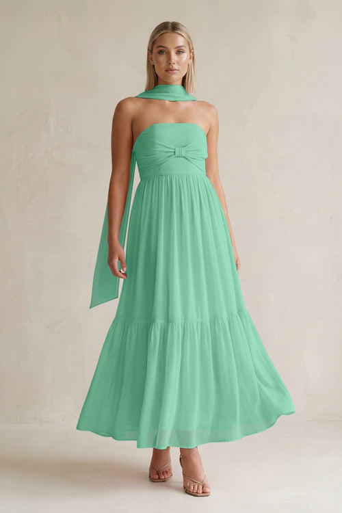 Strapless A - Line Chiffon Ruffled Bridesmaid Dress With Ribbon in Turquoise - KissProm Bridesmaid Dresses