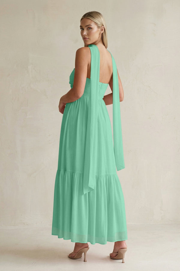 Strapless A - Line Chiffon Ruffled Bridesmaid Dress With Ribbon in Turquoise - KissProm Bridesmaid Dresses
