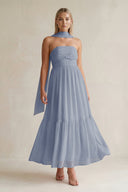 Strapless A - Line Chiffon Ruffled Bridesmaid Dress With Ribbon in Twilight - KissProm Bridesmaid Dresses