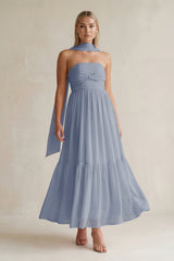 Strapless A - Line Chiffon Ruffled Bridesmaid Dress With Ribbon in Twilight - KissProm Bridesmaid Dresses