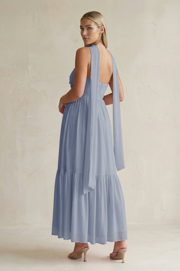 Strapless A - Line Chiffon Ruffled Bridesmaid Dress With Ribbon in Twilight - KissProm Bridesmaid Dresses