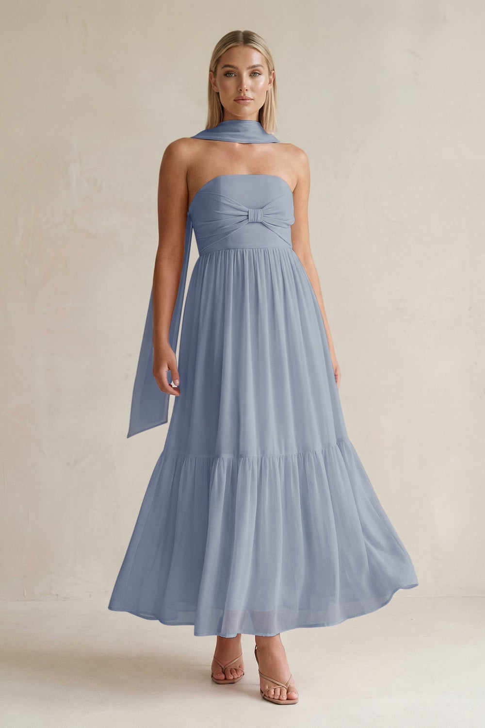Strapless A - Line Chiffon Ruffled Bridesmaid Dress With Ribbon in Twilight - KissProm Bridesmaid Dresses