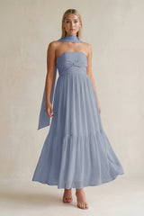 Strapless A - Line Chiffon Ruffled Bridesmaid Dress With Ribbon in Twilight - KissProm Bridesmaid Dresses